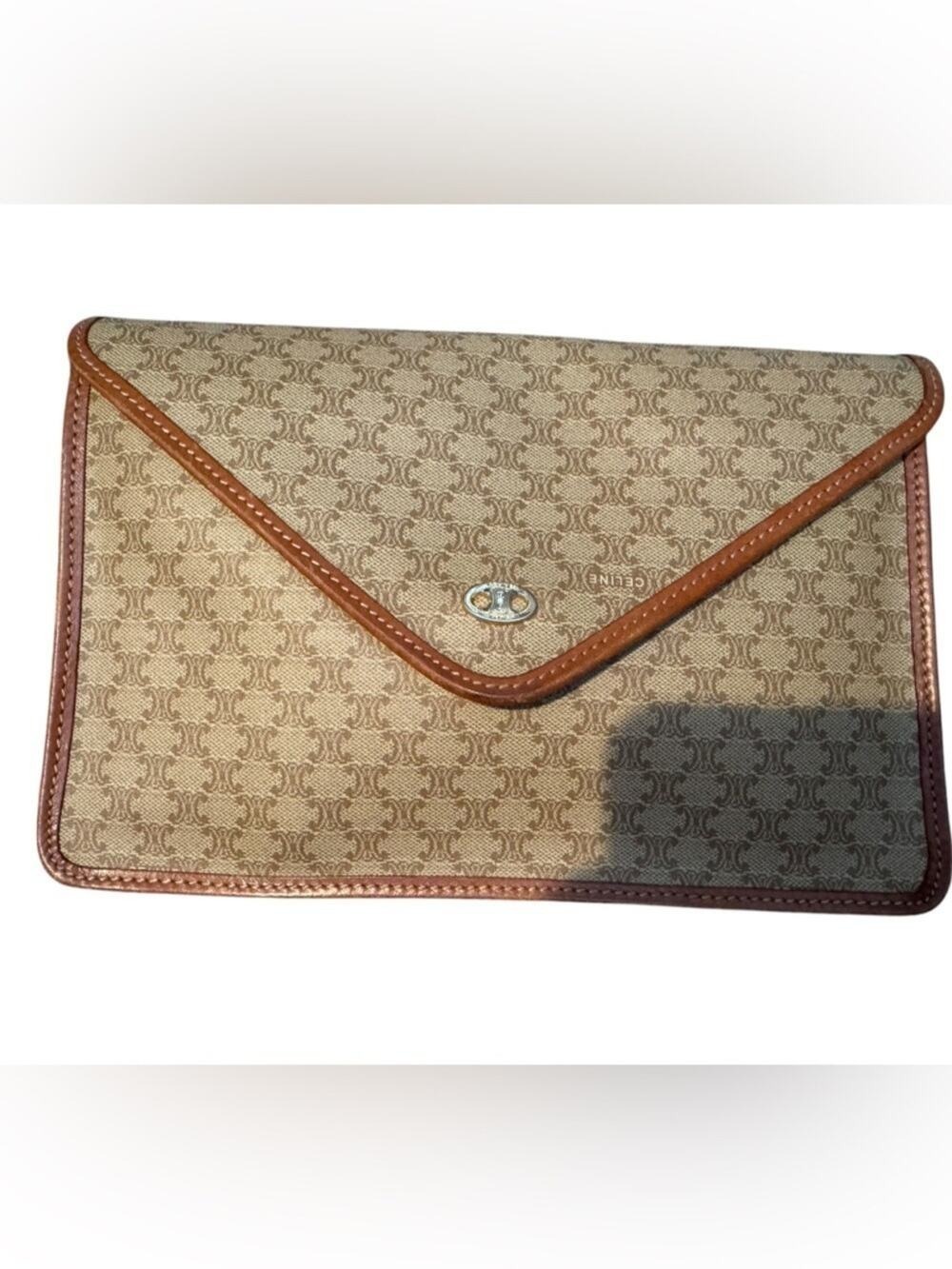 Celine Beige Logo Canvas Envelope Clutch with Brown Trim
